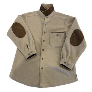 Sahalie Sherpa Jacket Mens Small Cream Leather Elbow Patches Cozy Button Up